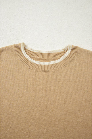 Tan Leopard Bow Decor Split Cuff Contrast Trim Sweater