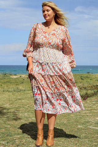 Khaki Floral Tiered Ruffle Maxi Dress ~ Plus Size