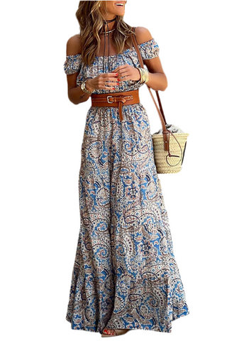 Blue Boho Paisley Print Off Shoulder Maxi Dress