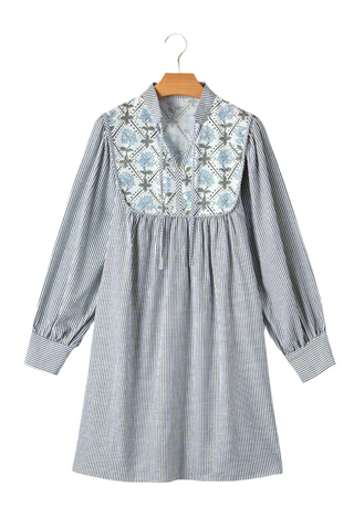 Black Stripe Floral Patchwork Long Sleeve Tie V Neck Mini Dress