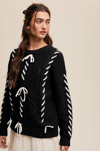 Sheer Trend - Ribbon Laced Cable Knit Sweater