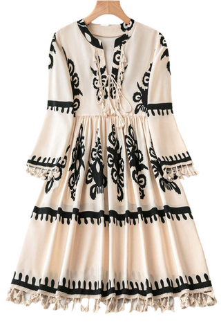 Beige Western Pattern Print Tasseled Notch V Neck Mini Dress