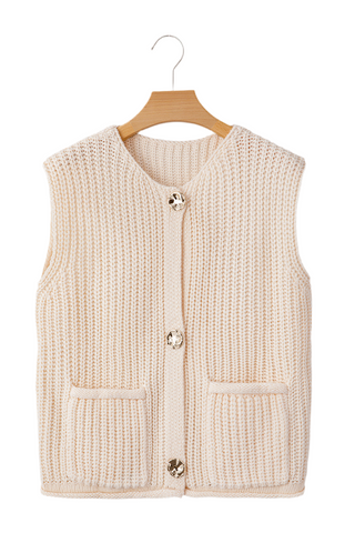 White Solid Textured Knit Side Pockets Buttoned Sweater Vest