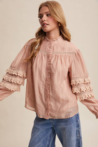 Listicle - Lace Ruffle Sleeve Pintuck Blouse LT1441