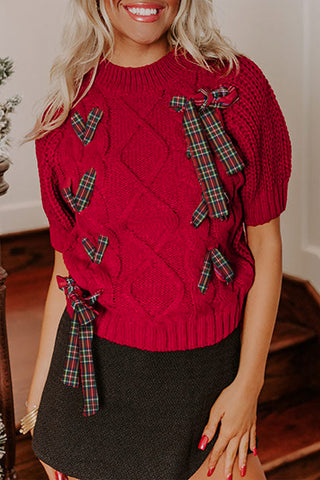 Black Plaid Lace-up Detail Christmas Holiday Puff Short Sleeve Sweater