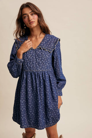 Listicle - Quilted Yoke Denim Mini Dress- SHIPS DEC 15TH