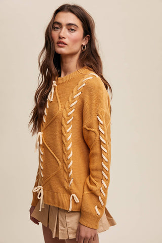 Sheer Trend - Ribbon Laced Cable Knit Sweater