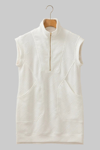 White Textured Half Zip Collared Cap Sleeve Mini Dress