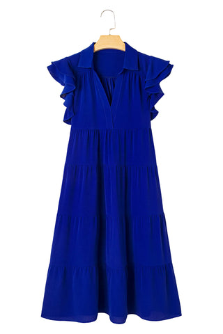 Bluing Ruffled Short Sleeve Collared V Neck Tiered Midi Dress
