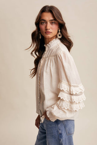 Listicle - Lace Ruffle Sleeve Pintuck Blouse LT1441