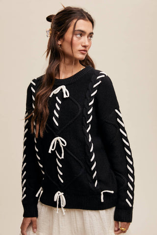 Sheer Trend - Ribbon Laced Cable Knit Sweater