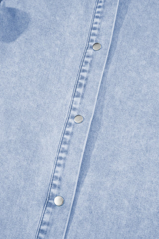 Beau Blue Double Ruffled Sleeves Buttoned A-line Collared Mini Denim Dress