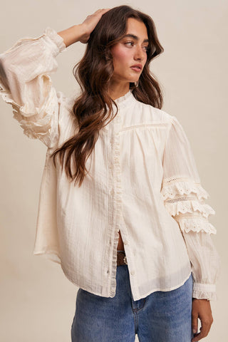 Listicle - Lace Ruffle Sleeve Pintuck Blouse LT1441