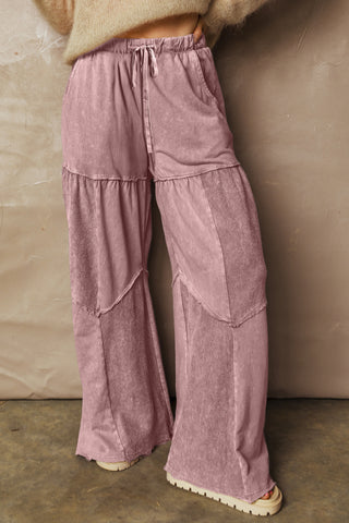 Straw Yellow Mineral Wash Tiered Wide Leg Patchwork Drawstring Pants