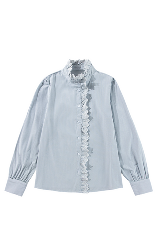Sky Blue Stripe Frilled Trim Button Up Long Sleeve Shirt