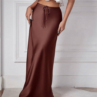Sheer Trend - Solid Color High Waist Drawstring Belted Satin Maxi Skirt