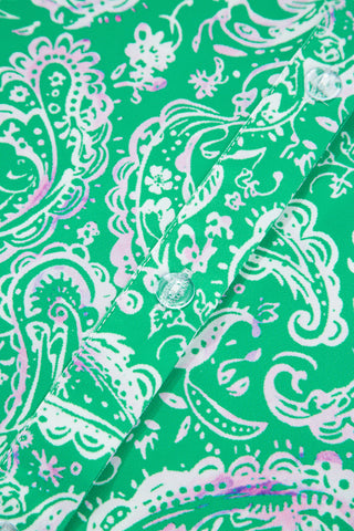Green Paisley Print Long Sleeve Button Front Tied Waist Mini Dress