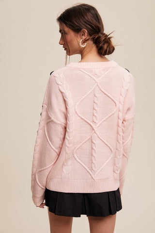 Sheer Trend - Ribbon Laced Cable Knit Sweater