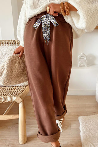 Coffee Leopard Drawstring Winter Fleece Pants