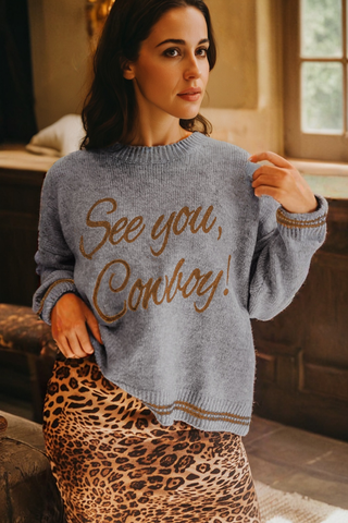 Coffee See You Cowboy Embroidered Western Graphic Sweater