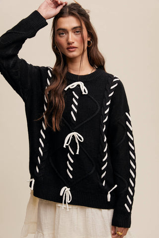 Sheer Trend - Ribbon Laced Cable Knit Sweater
