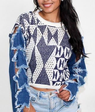 ATHINA STAR SLEEVE KNIT DENIM CONTRAST TOP