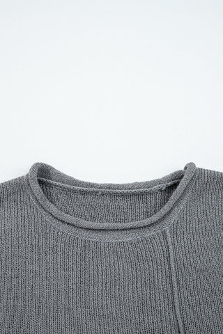 Medium Grey Raw Edge Uneven Hem Patchwork Drop Shoulder Sweater