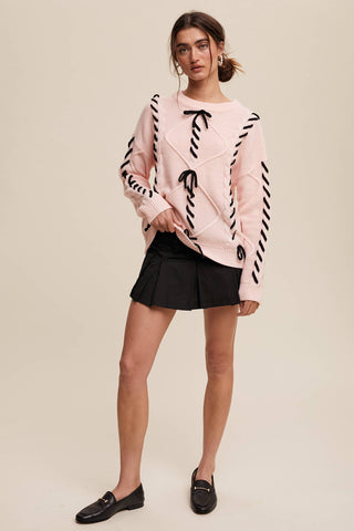 Sheer Trend - Ribbon Laced Cable Knit Sweater