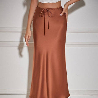Sheer Trend - Solid Color High Waist Drawstring Belted Satin Maxi Skirt
