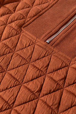 Straw Yellow Geometric Quilted Half Zipped Loose Sweatshirt