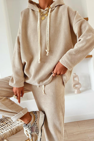Parchment Drawstring Pullover Hoodie and High Waist Pants Corduroy Suit