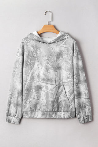 Beige Camouflage Plant Print Kangaroo Pocket Oversized Hoodie