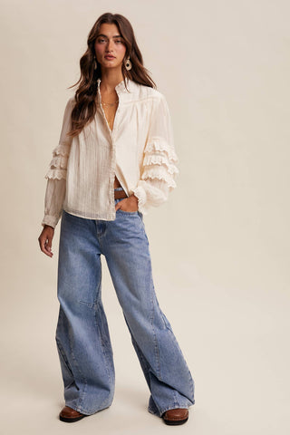 Listicle - Lace Ruffle Sleeve Pintuck Blouse LT1441