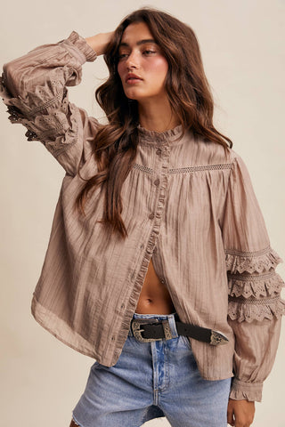 Listicle - Lace Ruffle Sleeve Pintuck Blouse LT1441