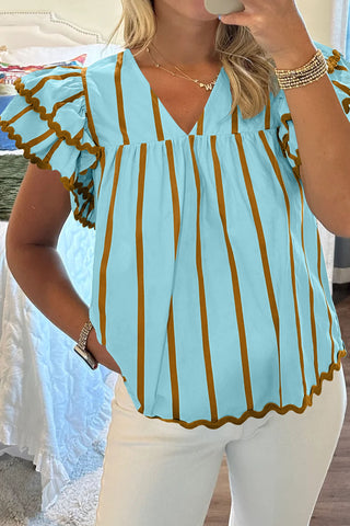 Sky Blue Stripe Ricrac Trim Double Ruffled Short Sleeve V Neck Blouse