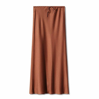 Sheer Trend - Solid Color High Waist Drawstring Belted Satin Maxi Skirt