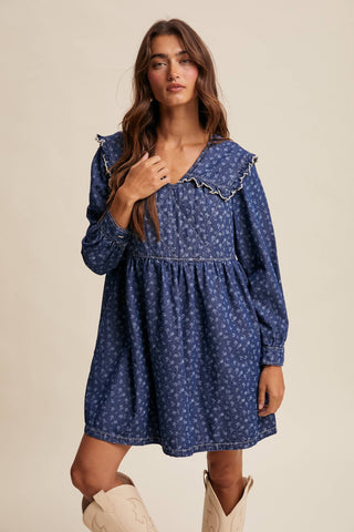 Listicle - Quilted Yoke Denim Mini Dress- SHIPS DEC 15TH