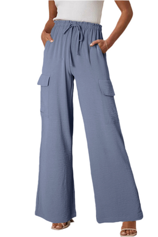 Dark Grey Drawstring Waist Wide Leg Utility Trousers