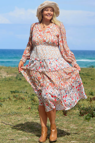 Khaki Floral Tiered Ruffle Maxi Dress ~ Plus Size