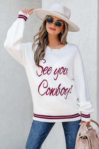 Coffee See You Cowboy Embroidered Western Graphic Sweater