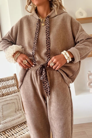 Parchment Drawstring Pullover Hoodie and High Waist Pants Corduroy Suit