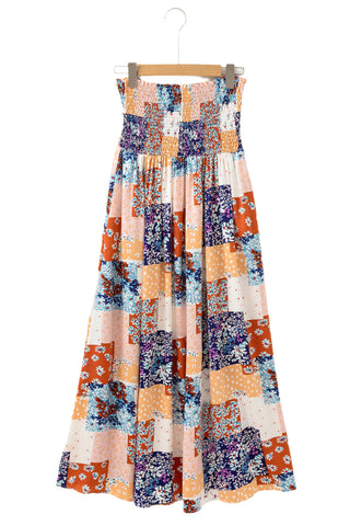 Orange Floral Patchwork Printed Frilled Bandeau Smocked High Waist Long Dress