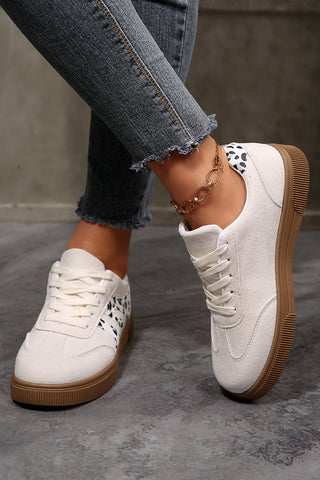 White Suede Leopard Color Block Trim Lace-up Casual Shoes