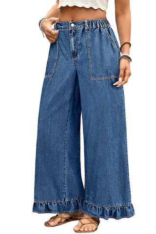 Sail Blue Plus Size Elastic Waist Ruffled Wide Leg Denim Pants