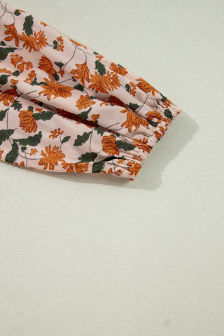 Beige Floral Deep V Neck Smocked Bust Bubble Sleeve Babydoll Dress