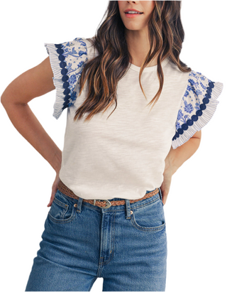 Blue Floral Striped Patchwork Flutter Sleeve Blouse