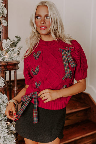 Black Plaid Lace-up Detail Christmas Holiday Puff Short Sleeve Sweater