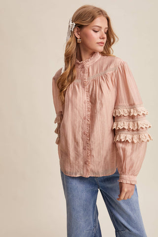 Listicle - Lace Ruffle Sleeve Pintuck Blouse LT1441
