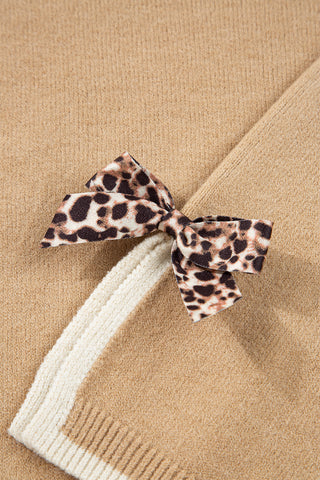 Tan Leopard Bow Decor Split Cuff Contrast Trim Sweater