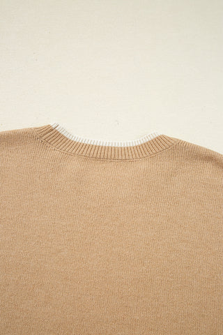 Tan Leopard Bow Decor Split Cuff Contrast Trim Sweater